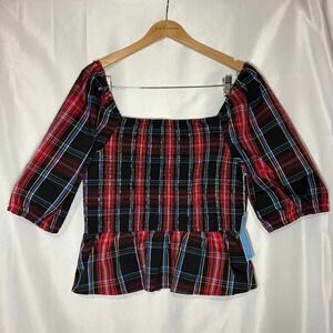 Draper James RSVP Smocked Peplum Top Red Black Plaid L KD2065YPP